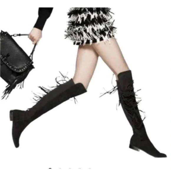 • Stuart Weitzman • Mane Fringe Over The Knee Boots Suede Leather Black 7 - Picture 1 of 4